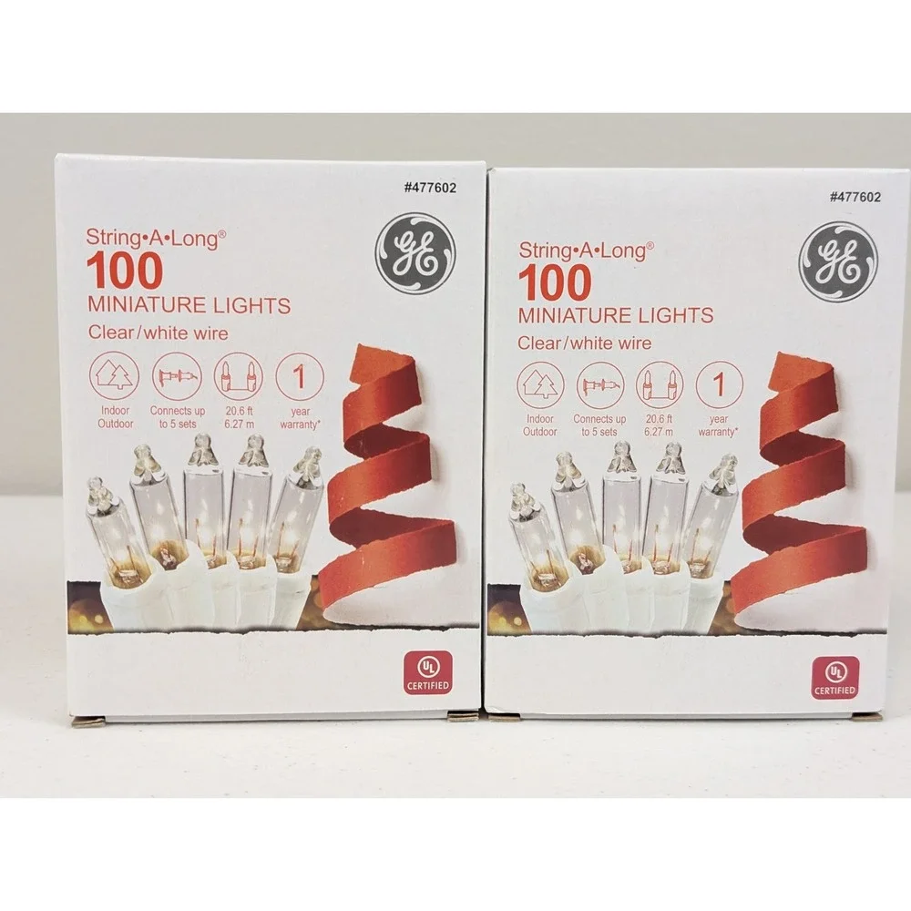 2X GE String A Long 100 Count Clear Mini Light Set White Wire Indoor/Outdoor NIB